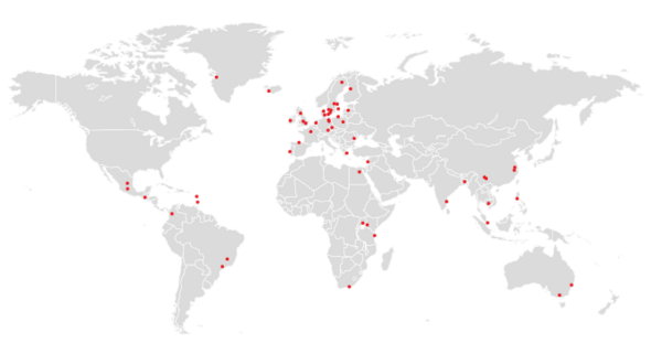 A world map pointing where people have written their Master's thesis.